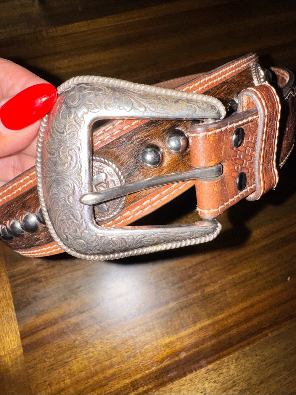 Men's Brown Leather Western Belt with cowhide, studs,crossEngraved Silver Buckle